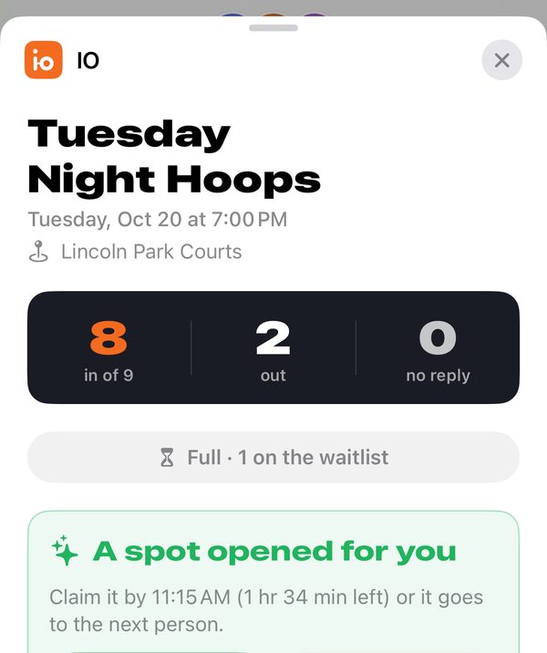 A waitlisted player's card: A spot opened for you. Claim it by 11:15 AM, with Claim spot and Drop buttons.